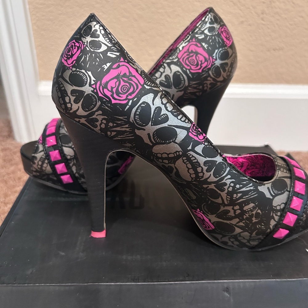 Iron Fist Black and Pink Skull Heels